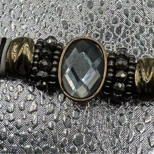 Black leather & gray oval faceted stone centerpiece gold & silver tone beads NEW